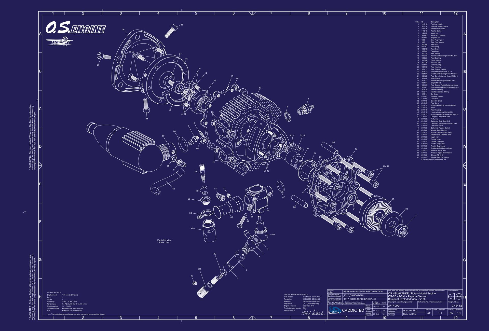 Blueprint O.S. ENGINES ROTARY NSU Wankel OS-RE-49-PI-II, Explosionsansicht, Format A2-Quer