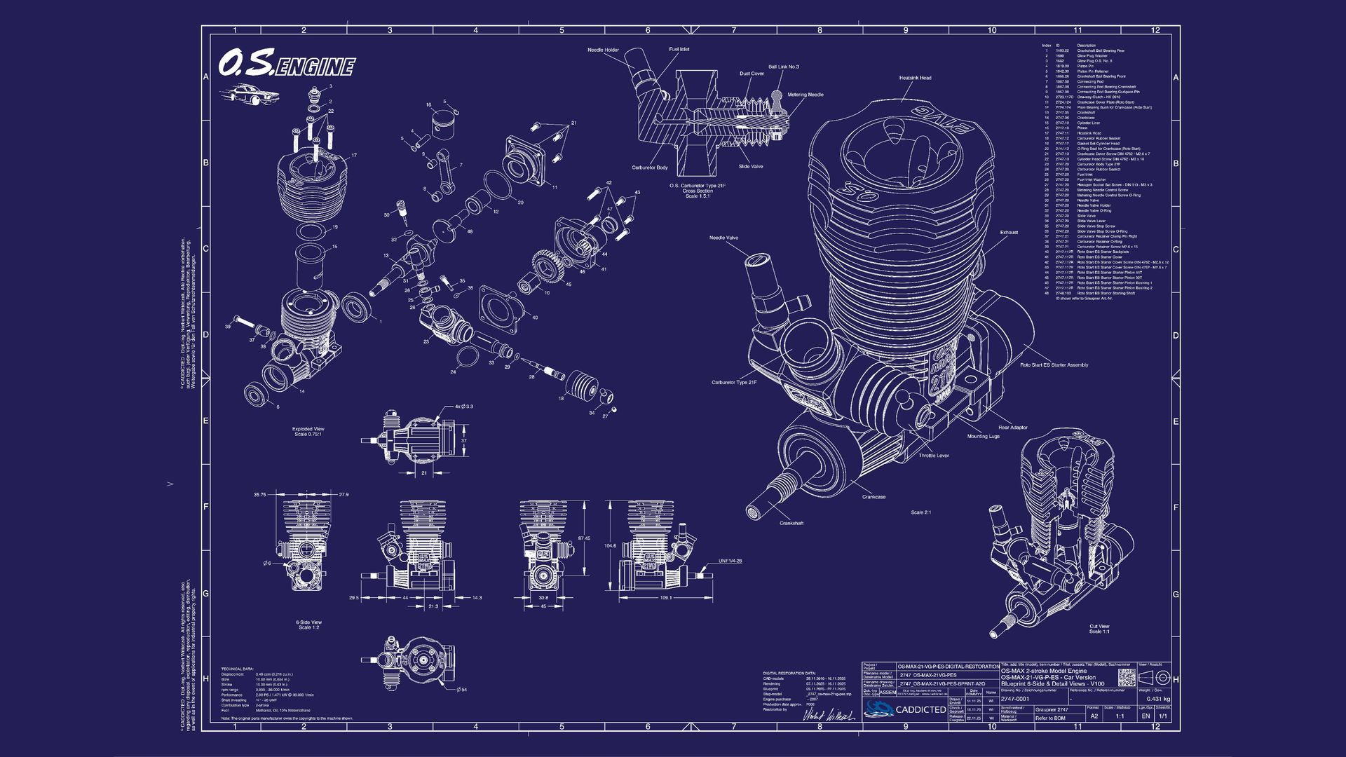 CAD-Bild Graupner BELL-47G Land mit Motor HB-25H, Ansicht #99 Vorne-Links, Detail RC-Elektronik Blueprint O.S. ENGINES OS-MAX-21VG-PES, 4-Seiten Ansicht, Explosionsansicht, Schnittansicht, Format A2-Quer