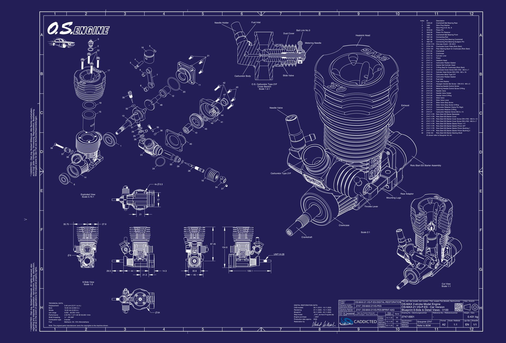 Blueprint O.S. ENGINES OS-MAX-21VG-PES, 6-Seiten Ansicht, Explosionsansicht, Schnittansicht, Format A2-Quer
