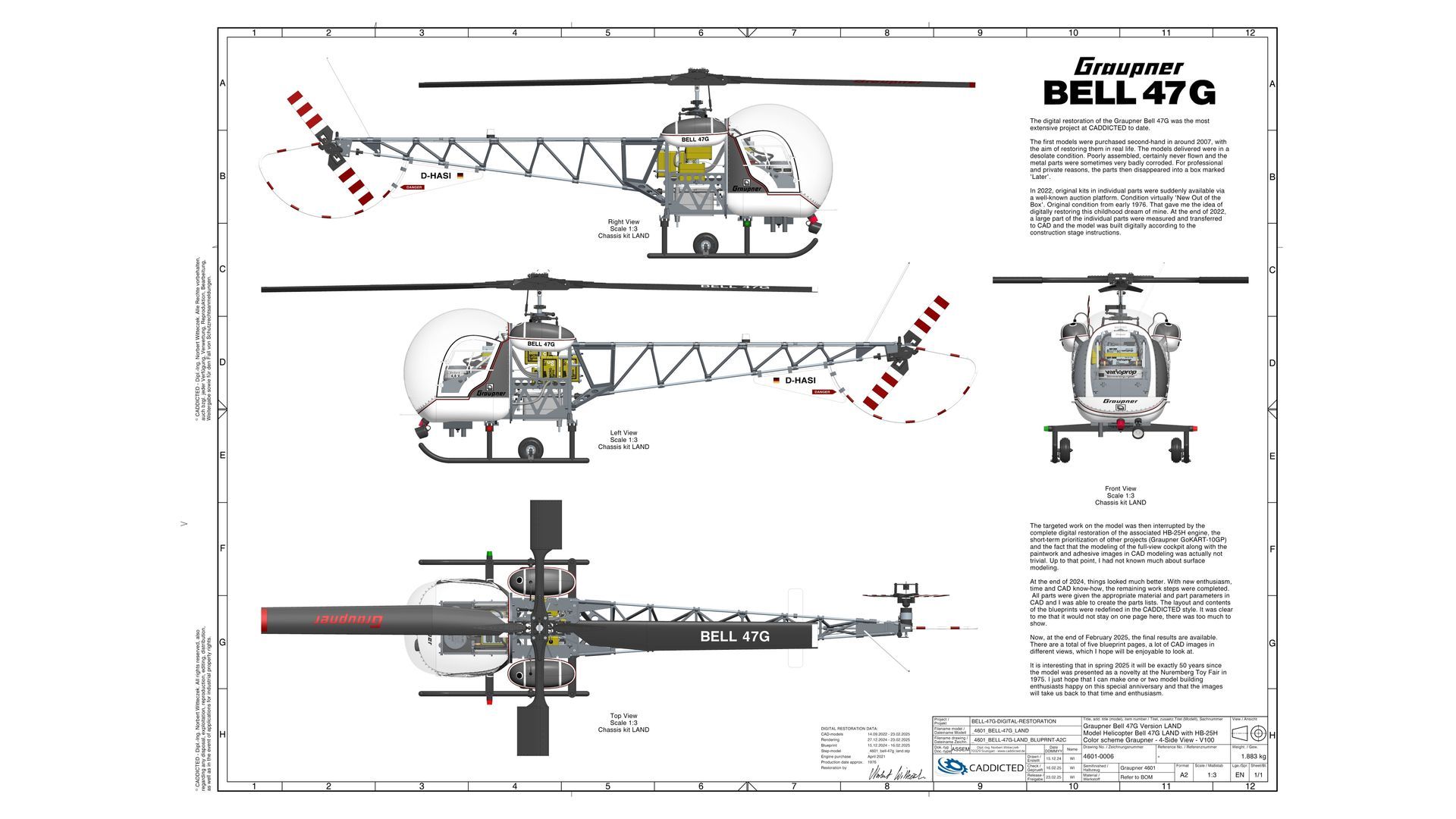Whiteprint Graupner BELL-47G Land with engine HB-25H, sheet 1-1, 4-page view, creation text Whiteprint Graupner BELL-47G Land with engine HB-25H, sheet 1-1, 4-page view, creation text, format HD-1920x1080
