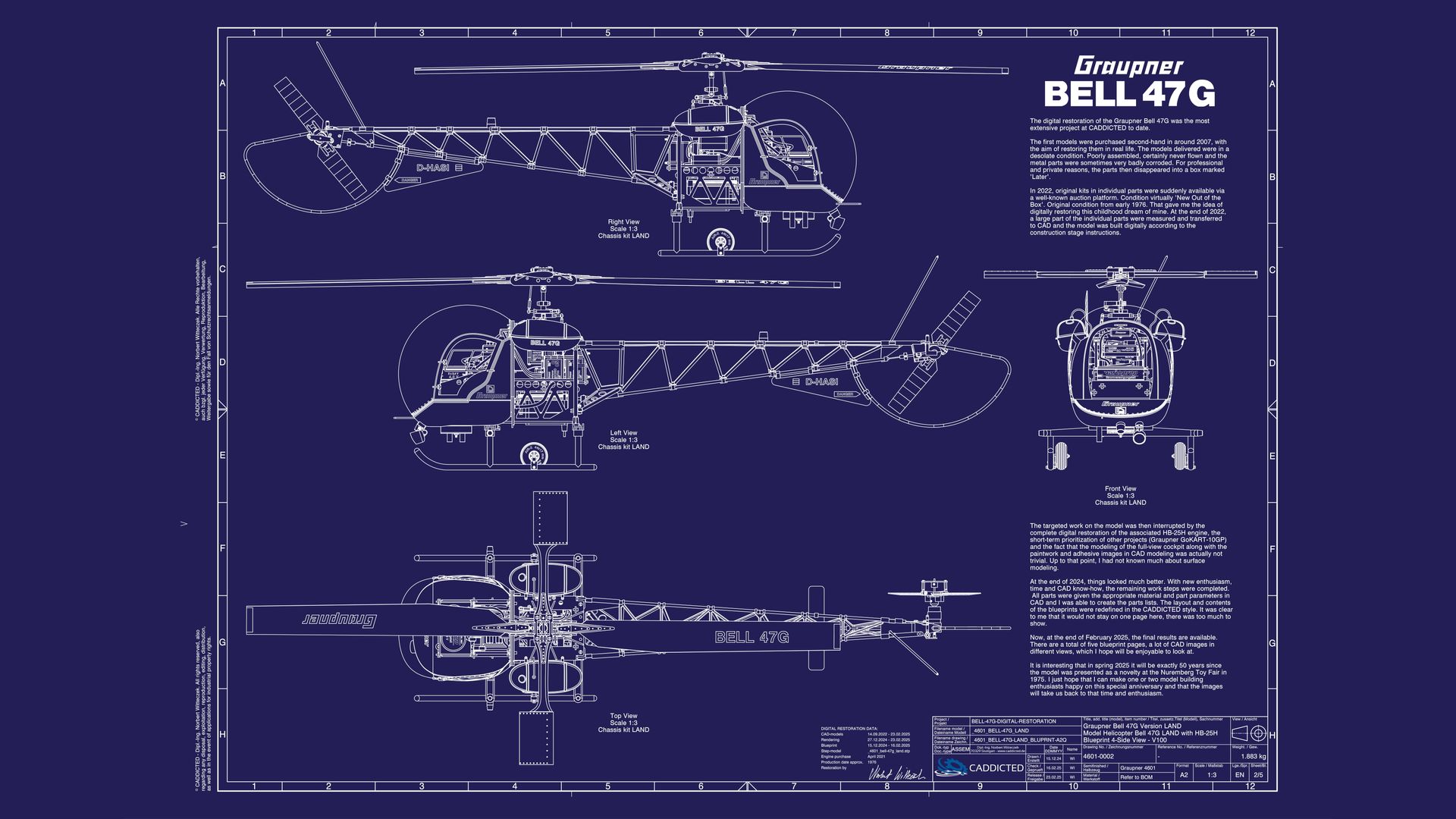 Blueprint Graupner BELL-47G Land mit Motor HB-25H, Blatt 1-5, Typübersicht, Einführungstext Blueprint Graupner BELL-47G Land mit Motor HB-25H, Blatt 2-5, 4-Seitenansicht, Entstehungstext, Format HD-1920x1080