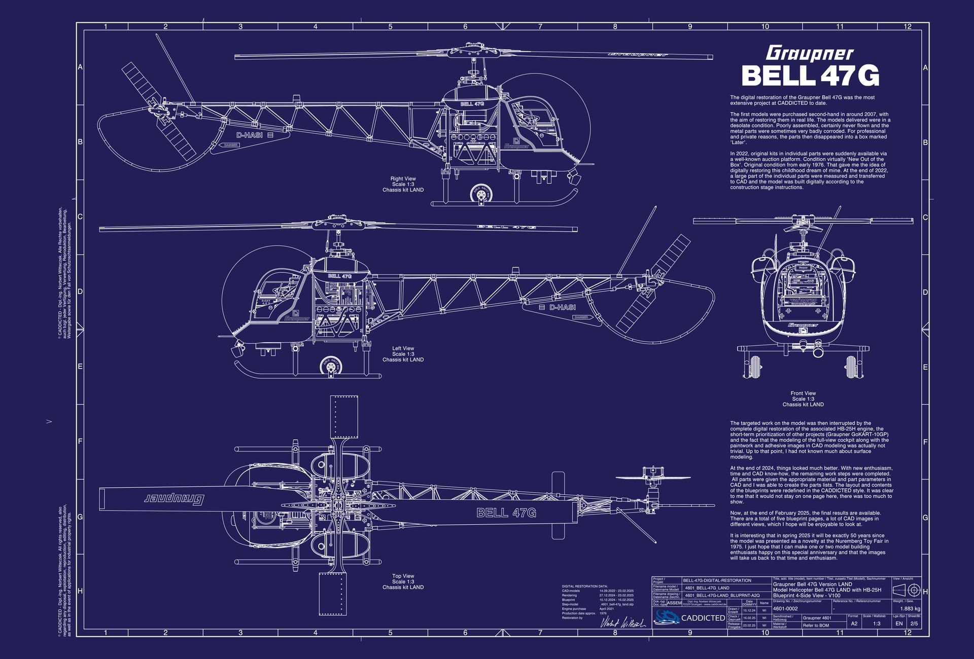 Blueprint Graupner BELL-47G with engine HB-25H, page 2-5, 4-side view, format A2 landscape