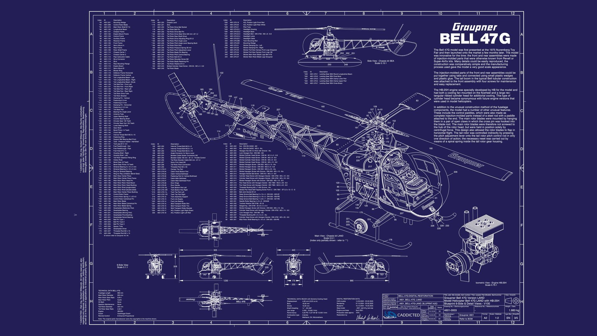 Blueprint Graupner BELL-47G Land mit Motor HB-25H, Blatt 3-5, 6-Seitenansicht, Modellbeschreibung, Stückliste, Format HD-1920x1080