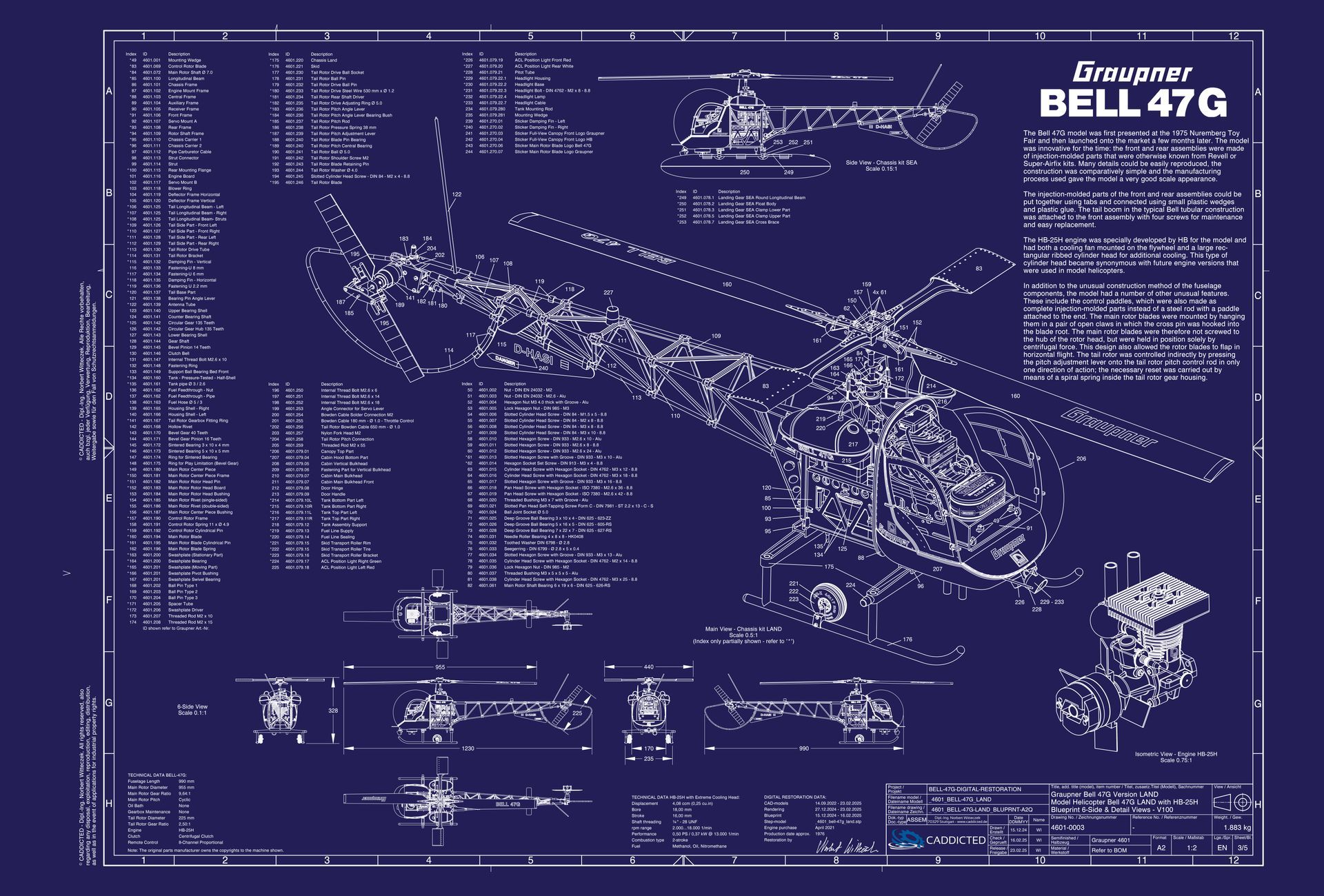 Blueprint Graupner BELL-47G with engine HB-25H, page 3-5, 6-side view, model description, parts list, format A2 landscape