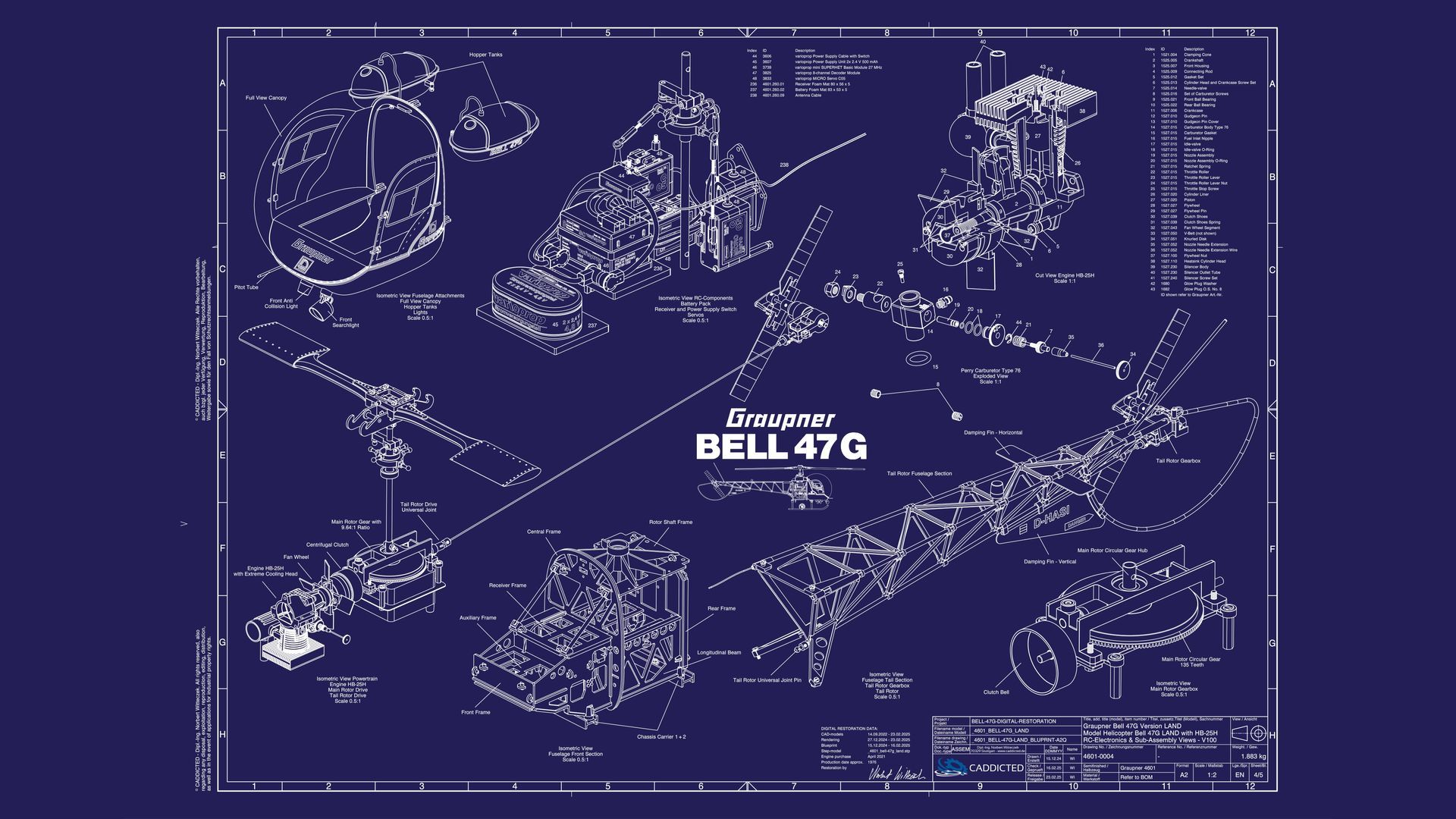 Blueprint Graupner BELL-47G with engine HB-25H, page 3-5, 6-side view, model description, parts list Blueprint Graupner BELL-47G with engine HB-25H, sheet 4-5, RC electronics, assembly views, format HD-1920x1080