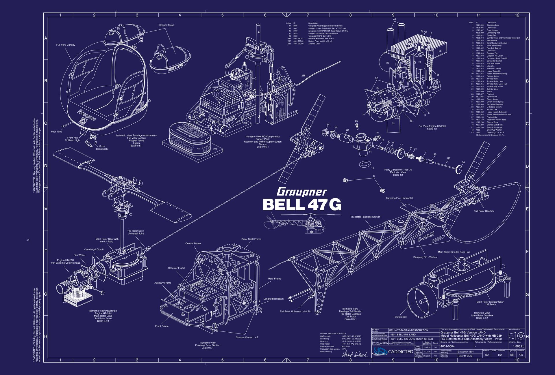 Blueprint Graupner BELL-47G with engine HB-25H, page 4-5, RC-electronics, assembly views, format A2 landscape