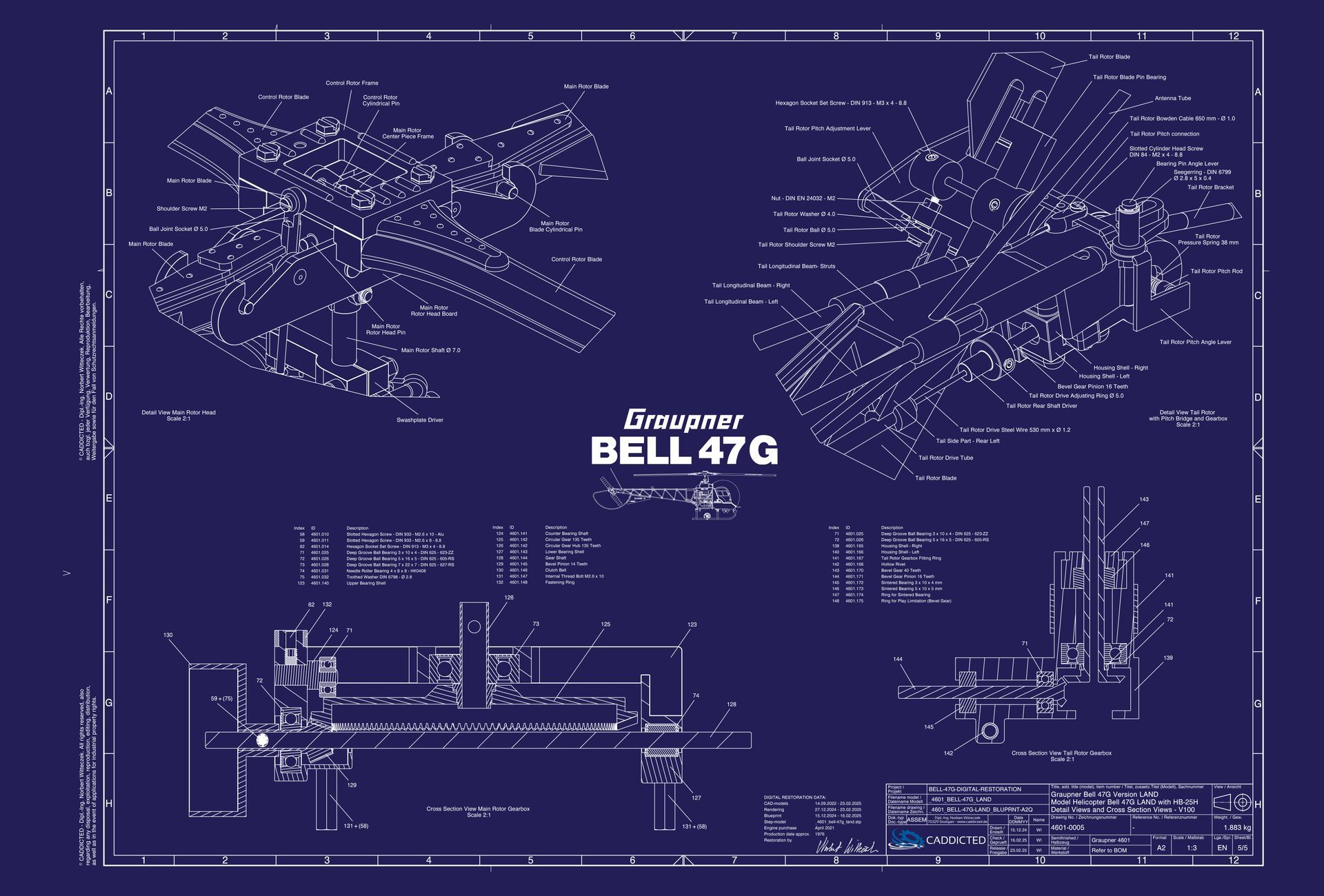 Blueprint Graupner BELL-47G with engine HB-25H, page 5-5, detail / sectional views, format A2 landscape