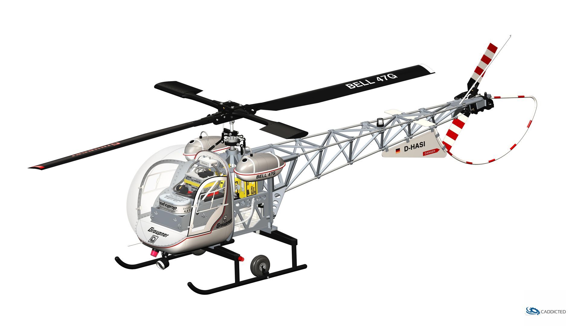 CAD image Graupner BELL-47G Land with engine HB-25H, view #10 front-left, color scheme Graupner original, format HD-1920x1080