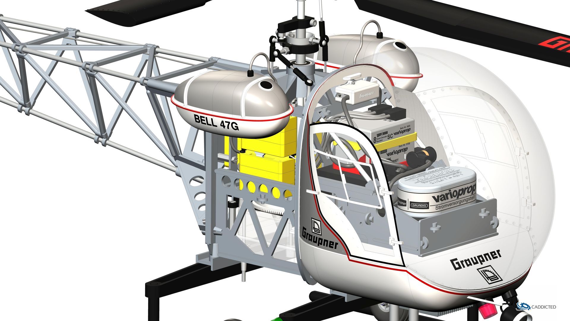 CAD-Bild Graupner BELL-47G Land mit Motor HB-25H, Ansicht #12 Vorne-Rechts-Detail, Farbschema Graupner original, Format HD-1920x1080