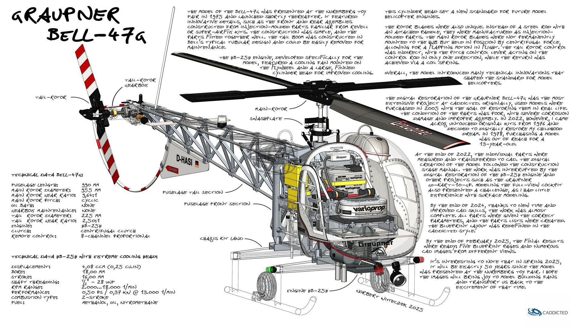 CAD illustration Graupner BELL-47G Land with engine HB-25H, view #96 front-right, color scheme Graupner original, format UHD-4096x2304