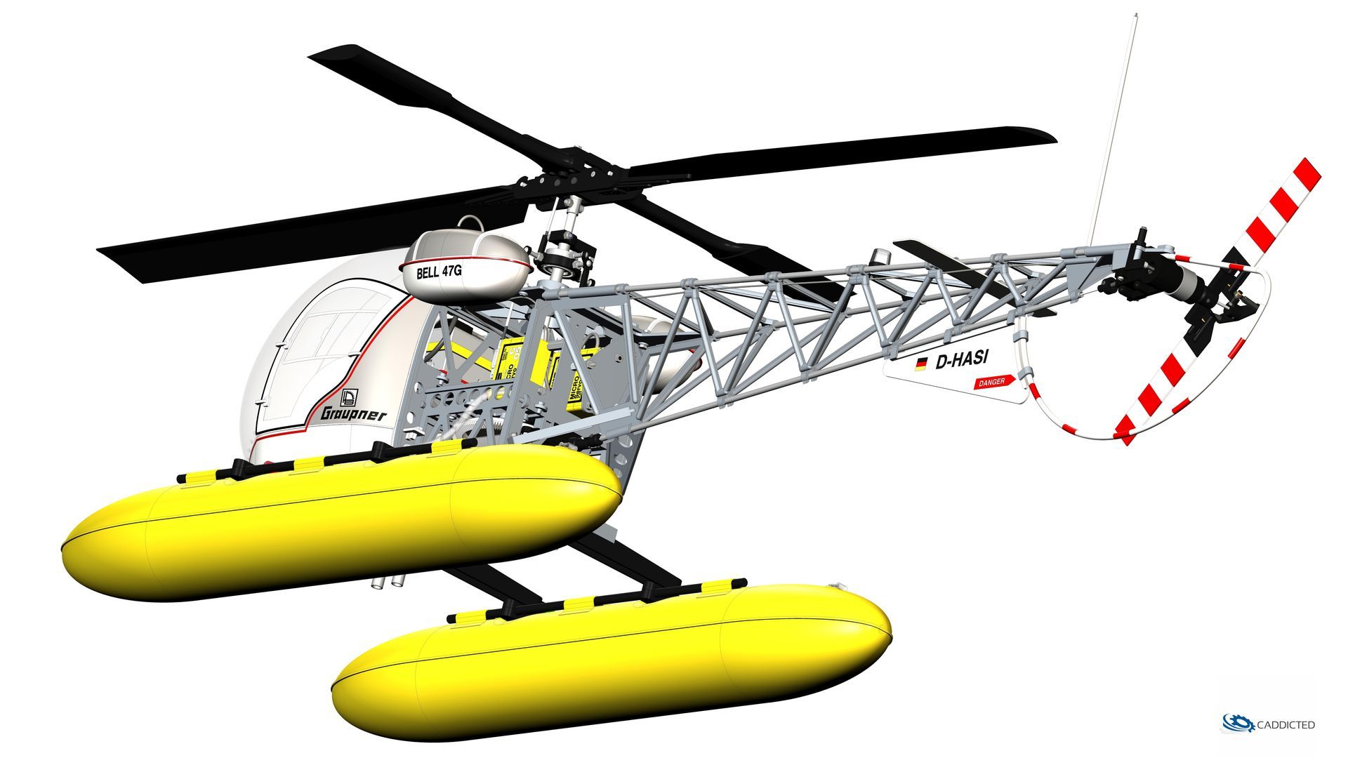 CAD image Graupner BELL-47G Sea with engine HB-25H, view #07 rear-left special, color scheme Graupner original, format HD-1920x1080
