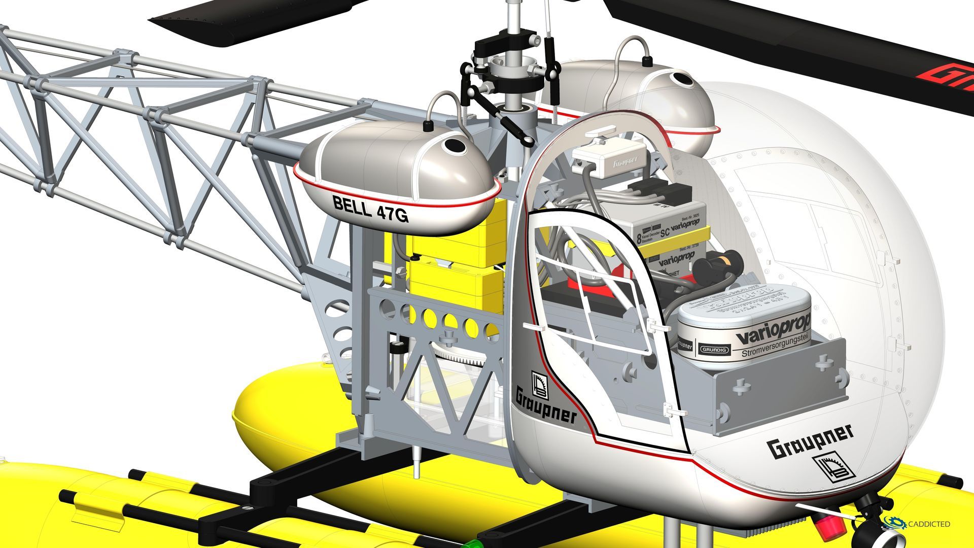 CAD-Bild Graupner BELL-47G See mit Motor HB-25H, Ansicht #13 Vorne-Rechts-Detail, Farbschema Graupner, Format HD-1920x1080