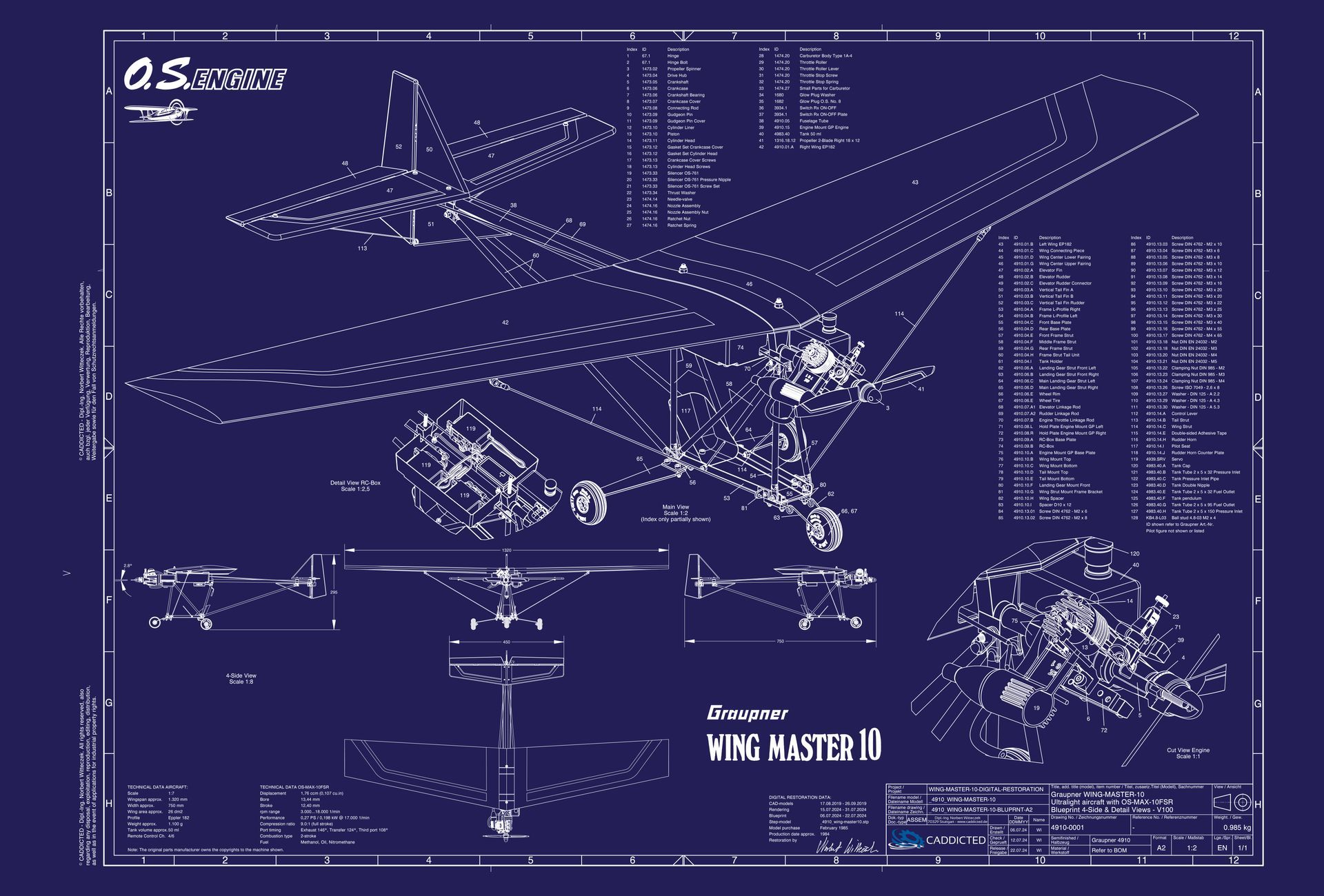 Blueprint Graupner WING-MASTER-10 mit OS-MAX-10FSR, 4-Seiten Ansicht, Detailsansichten, Schnittansicht, Format A2-Quer