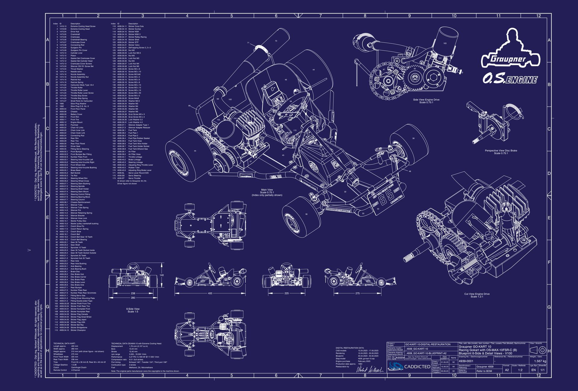 Blueprint Graupner GO-KART-10 with OS-MAX-10FSR-B, 6-page view, detailed views, section view, format A2 landscape