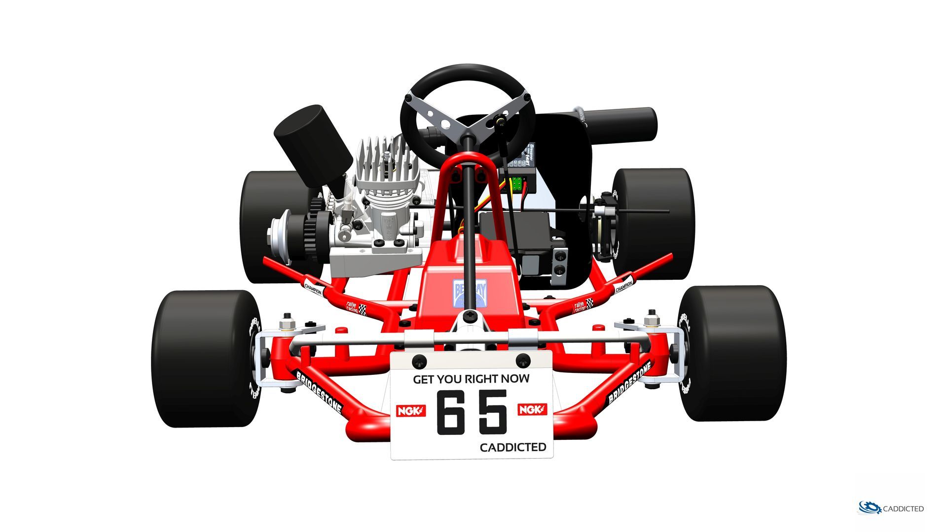 CAD-Bild CADDICTED GO-KART-10-GP, Ansicht #93 Vorne-Perspektivisch CAD-Bild CADDICTED GO-KART-10-GP, Ansicht #93 Vorne-Perspektivisch, Farbschema Graupner rot, Format HD-1920x1080