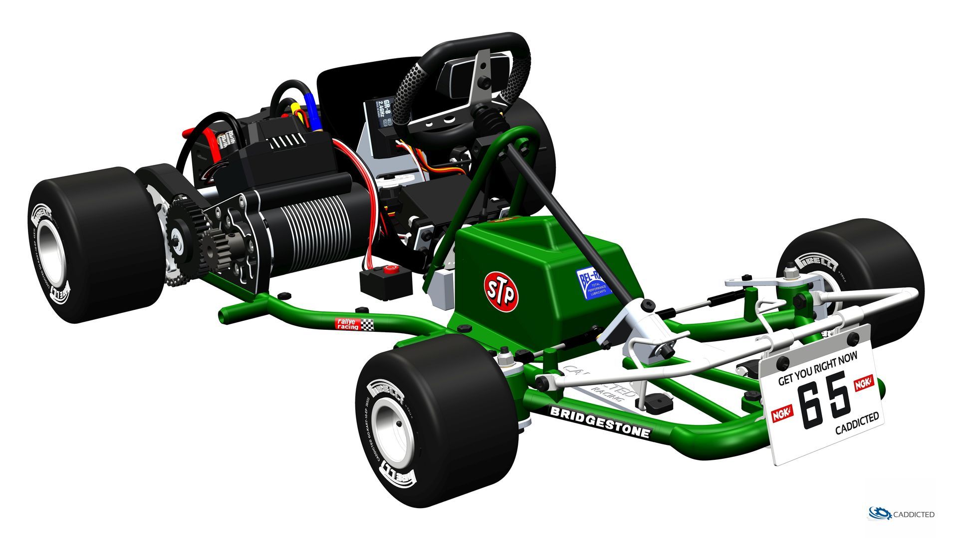 CAD-Bild CADDICTED GO-KART-10-EP, Ansicht #94 Vorne-Rechts-Perspektivisch CAD-Bild CADDICTED GO-KART-10-EP, Ansicht #94 Vorne-Rechts-Perspektivisch, Farbschema CADDICTED grün, Format HD-1920x1080