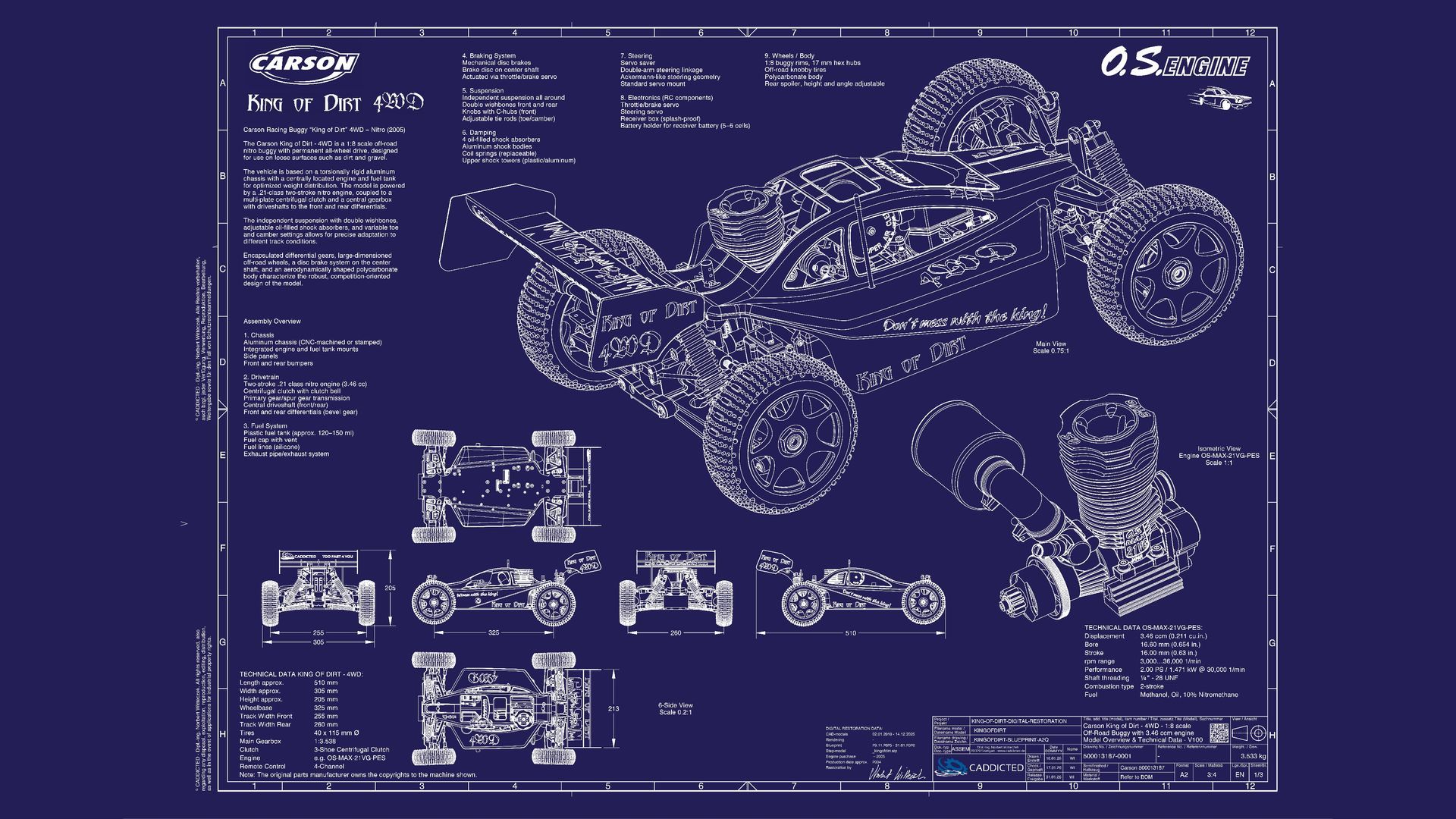 CAD-Bild Motor HB-25H, Ansicht #12 Vorne-Rechts, Detail Schnittbild Blueprint Carson KING OF DIRT - Blatt 1-3, Technische Daten, 6-Seitenansicht, Format A2-Quer