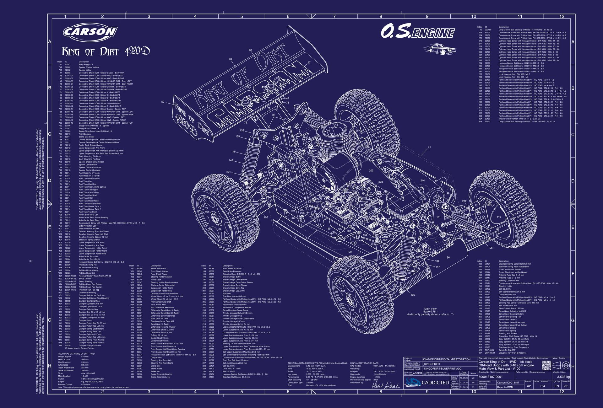 Blueprint Carson KING OF DIRT - Blatt 2-3, Detailansicht, Teilelisten, Format A2-Quer