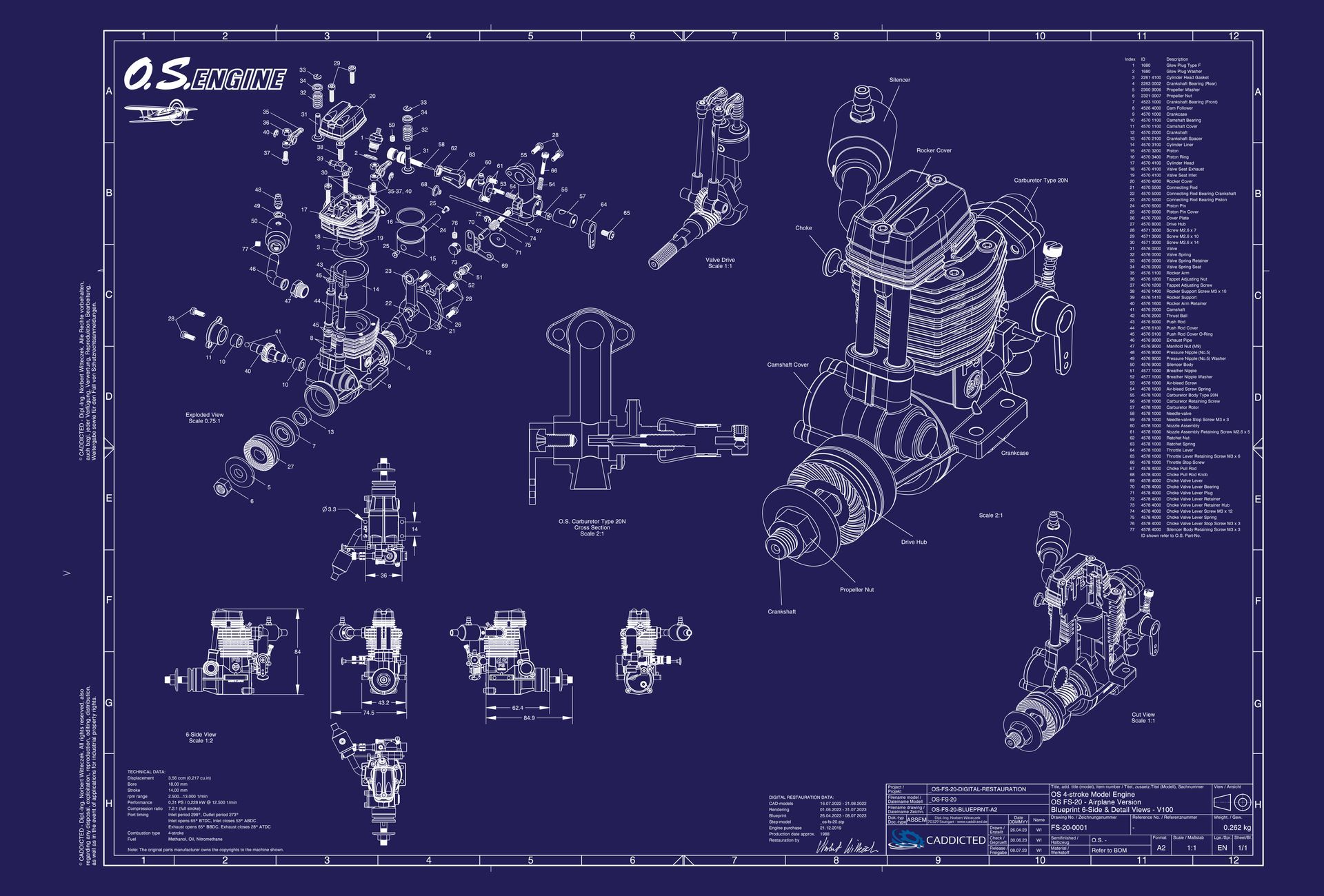 Blueprint O.S. ENGINES OS-FS20, 6-Seiten Ansicht, Explosionsansicht, Schnittansicht, Format A2-Quer