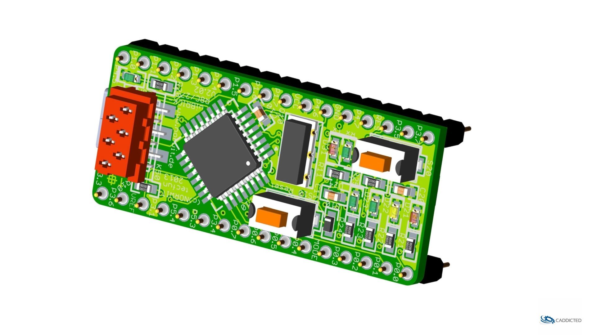 CAD image CADDICTED wiBRICK R8C27, view #01 front-top, microcontroller DIL board with Renesas R8C27 CAD image CADDICTED wiBRICK R8C27, view #01 front-top, microcontroller DIL board with Renesas R8C27, format HD-1920x1080