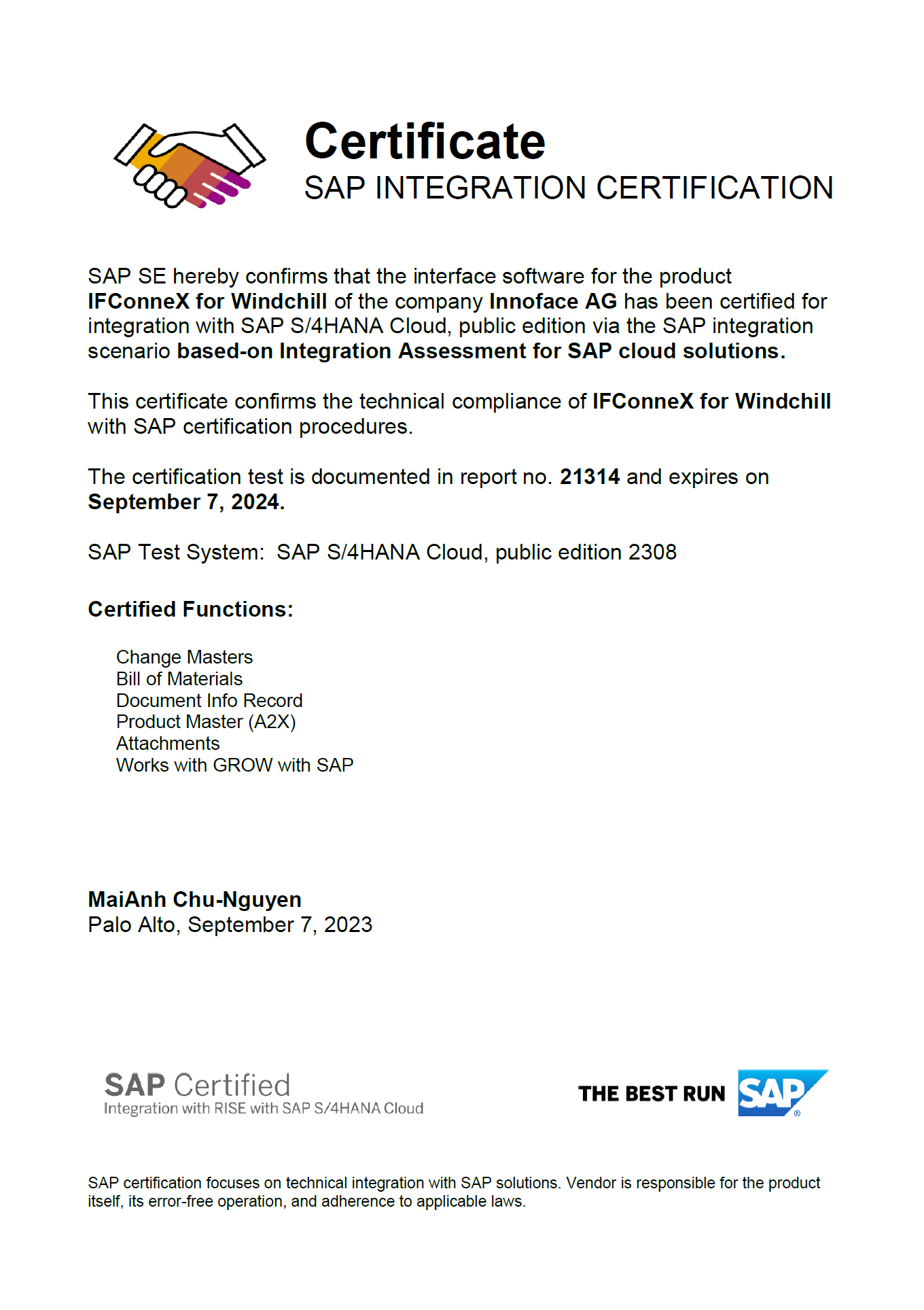 Certificate SAP IFConneX for Windchill