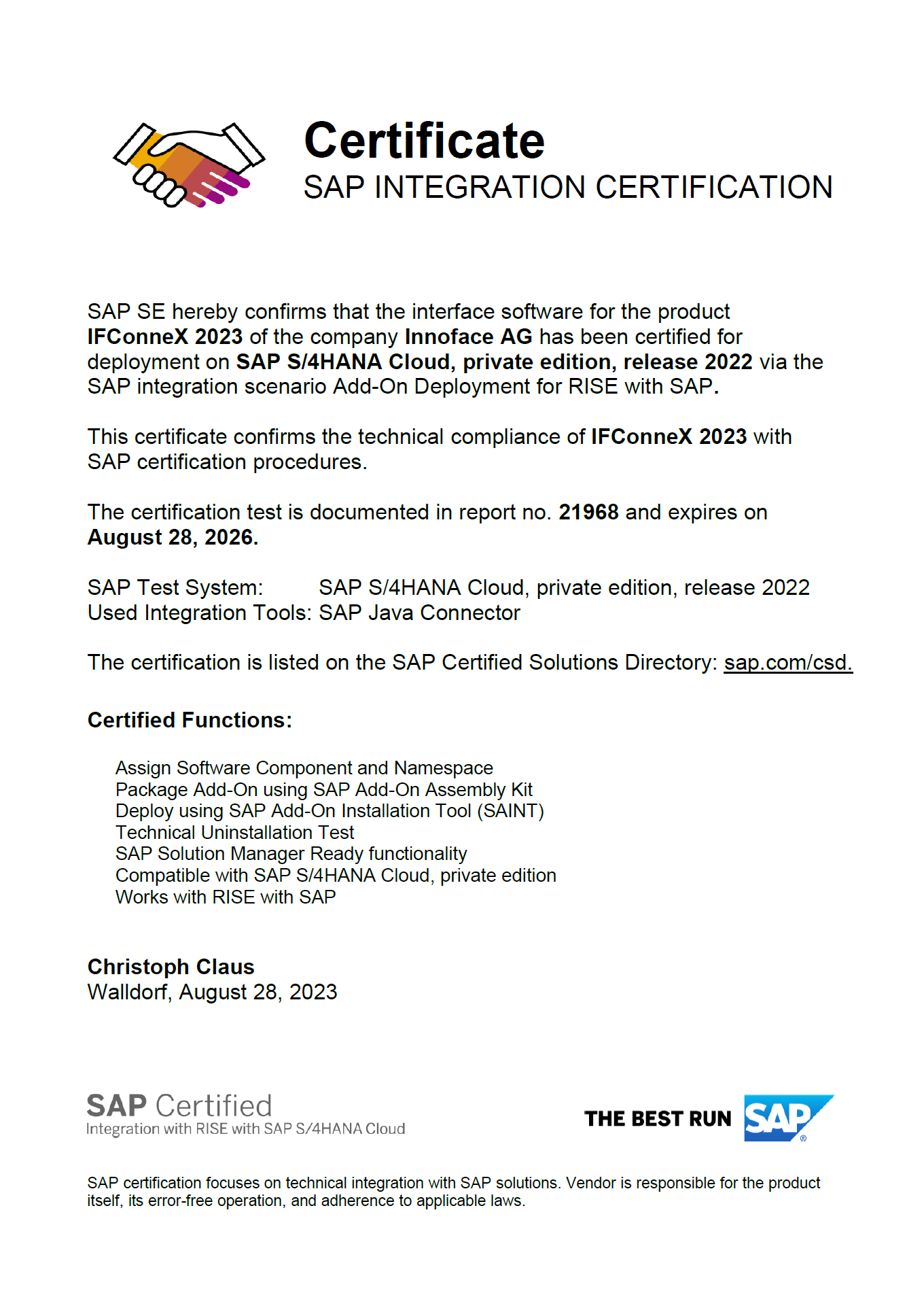 Certificate SAP IFConneX