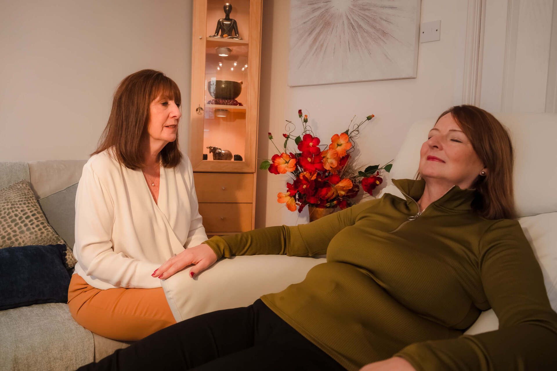 Enjoying Life through the Menopause Perimenopausal woman enjoying the hypnotherapy