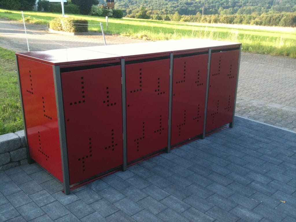 4er Mülltonnenbox aus Metall in rot und grau beschichtet