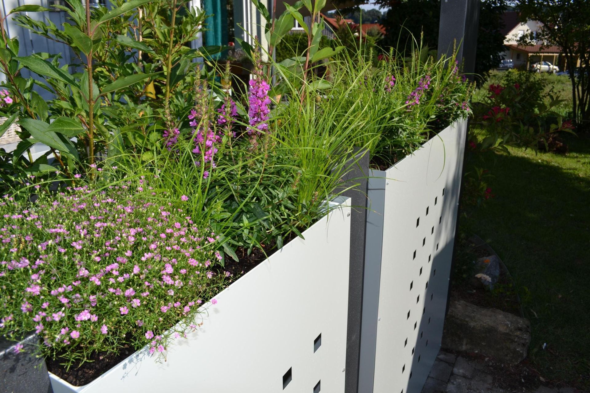 Blumenkübel aus Metall in Hellgrau begrünt mit Blumen und Gräsern