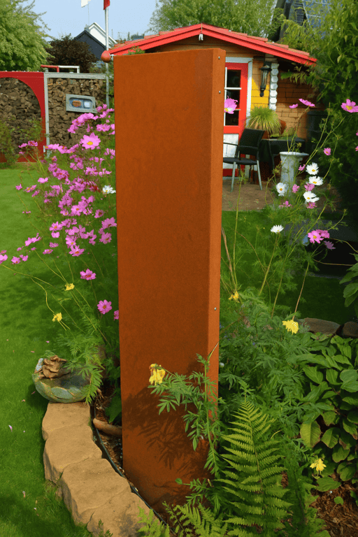 Gartenstele aus Cortenstahl steht in einem Beet als dekorative Sichtschutz Lösung