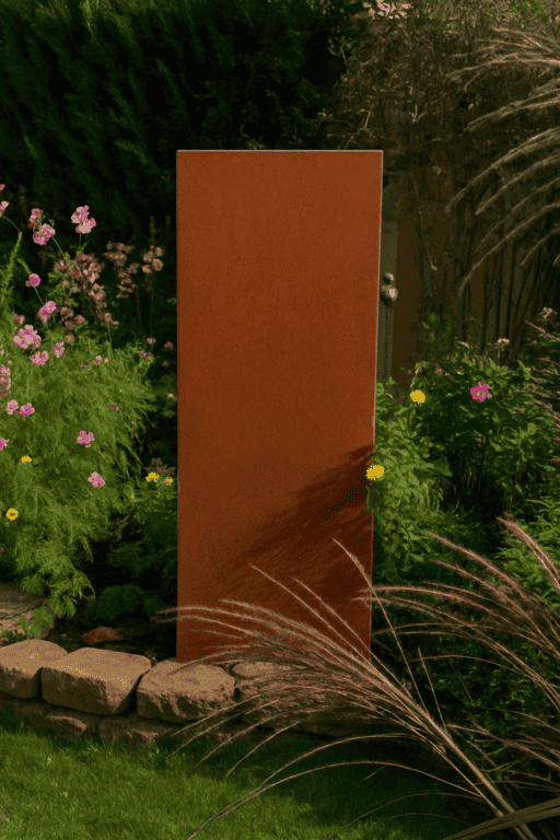 Gartenstele Cortenstahl als Sichtschutz im Beet