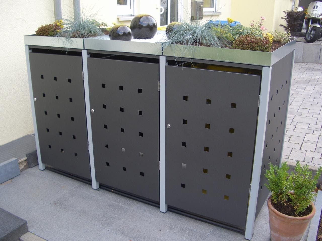 3er Mülltonnenbox 240 L Metall mit Pflanzdach