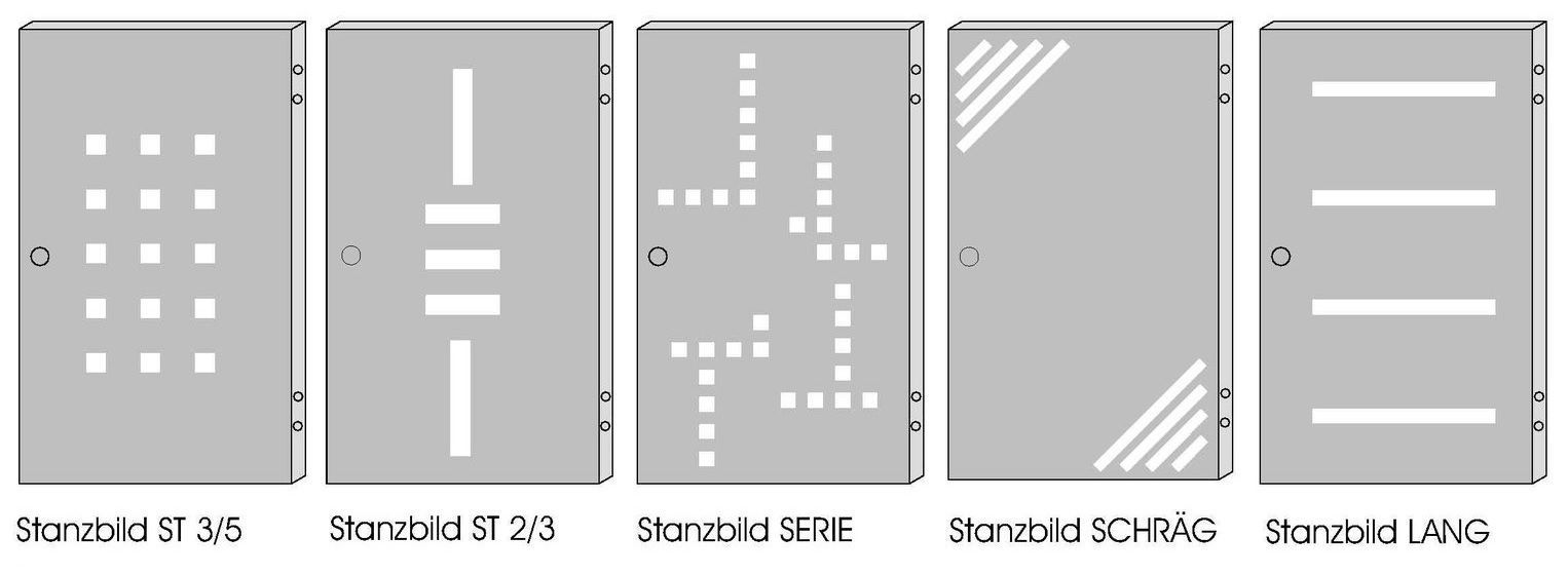 5 verschiedene Stanzmuster für Mülltonnenbox Türen
