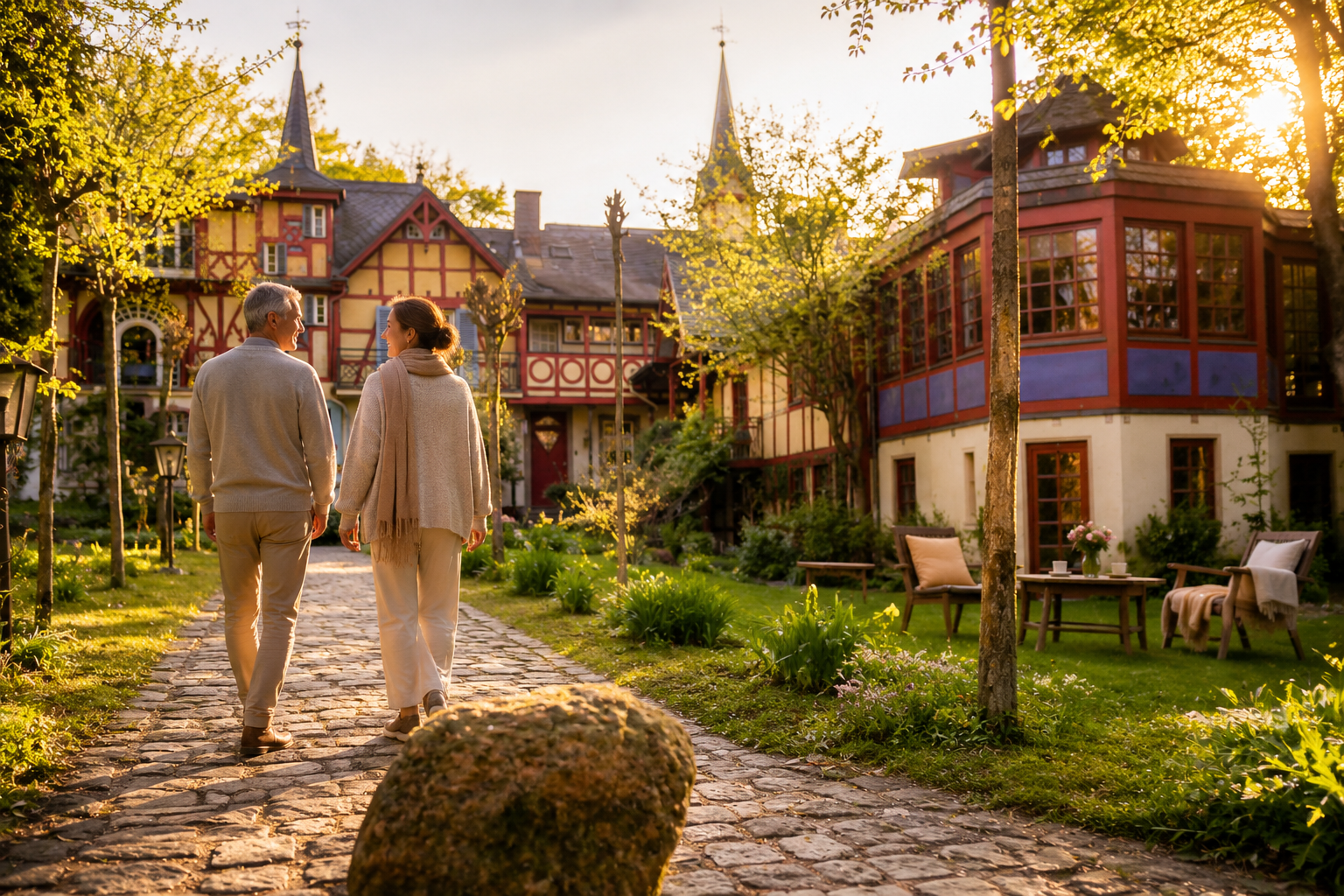 Gemeinsam ankommen. Gemeinsam zur Ruhe finden. Zwei Teilnehmende gehen achtsam durch den Garten des Hauses Neuglück in Königswinter während des NOW! Retreats des Achtsamkeits-Zentrums Köln.