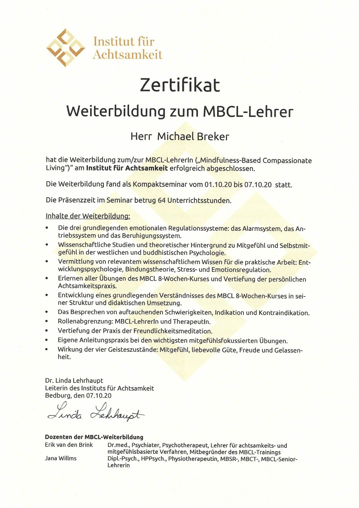 Michael Breker MBCL-Lehrer Zertifikat