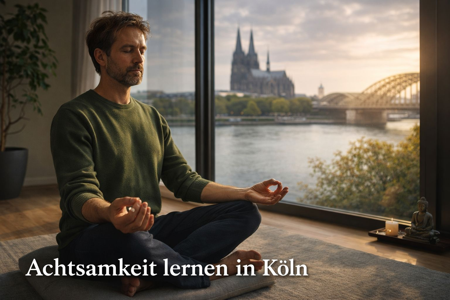 Person sitzt ruhig in Meditation und lernt Achtsamkeit für mehr Ruhe im Alltag in Köln