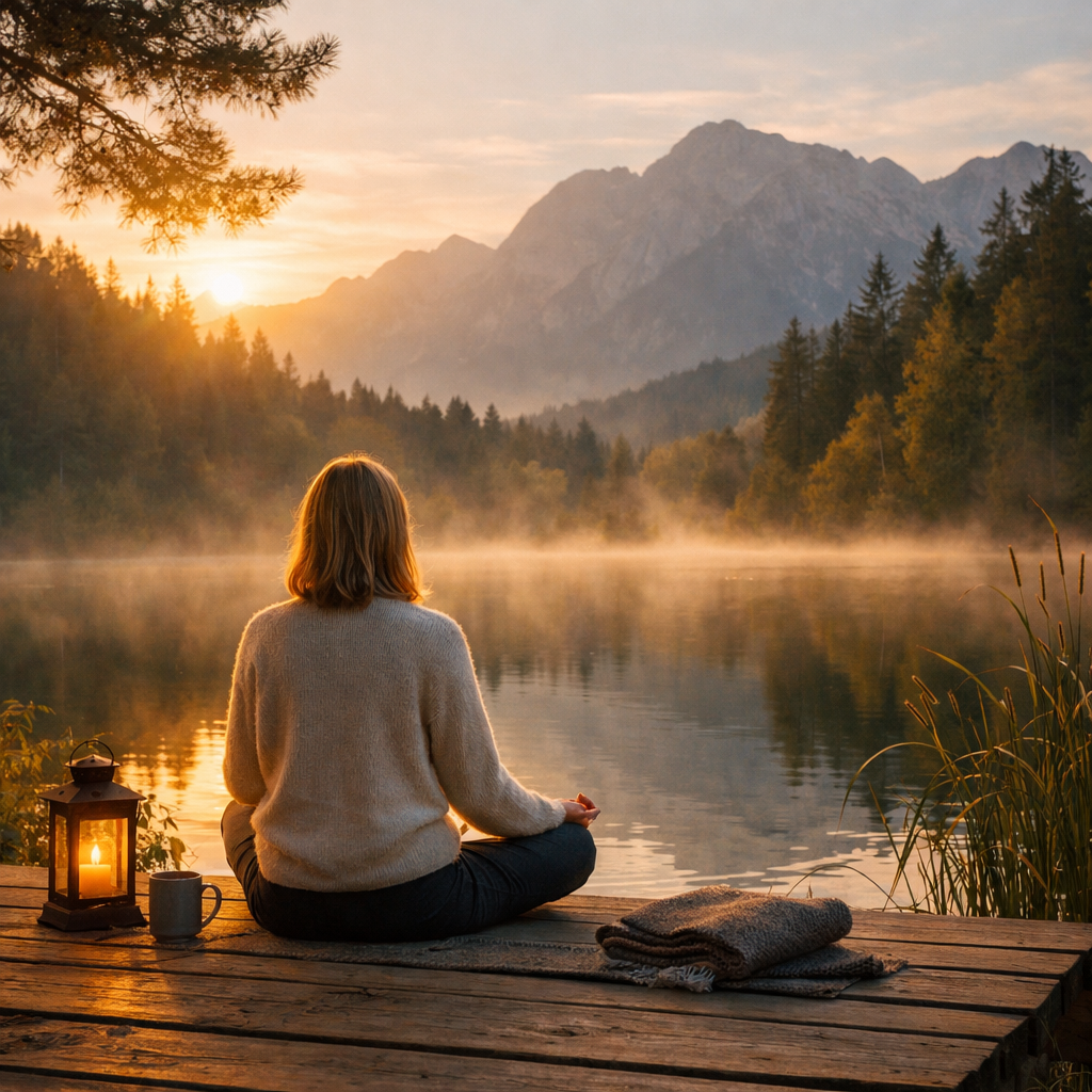 Frau sitzt in Stille am See in der Natur – Achtsamkeits-Retreat für Ruhe und Erholung