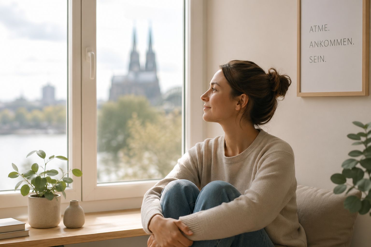 Frau sitzt entspannt am Fenster in Köln