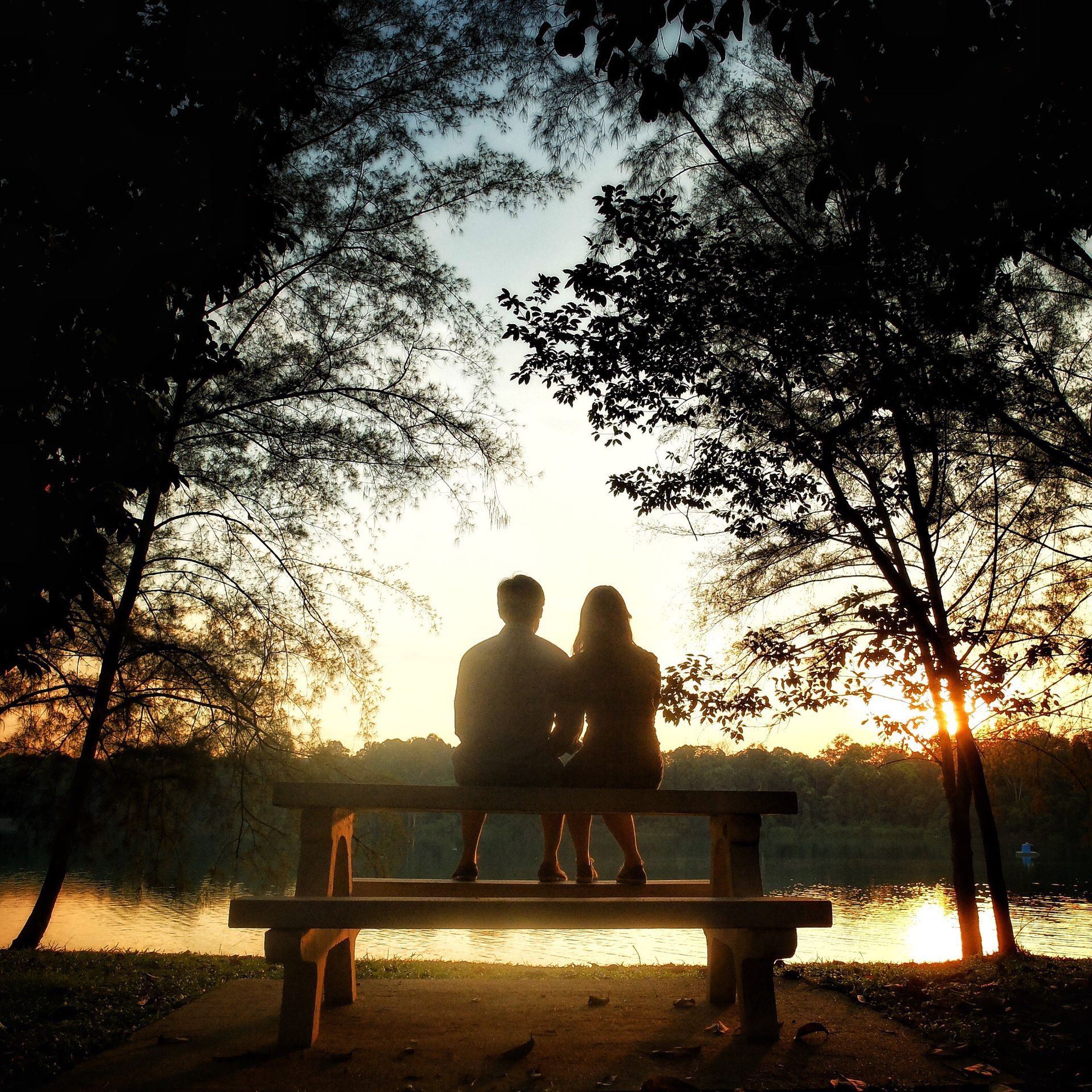 Paar sitzt in der Abendsonne an einem See auf der Bank Paar sitzt in der Abendsonne an einem See auf der Bank