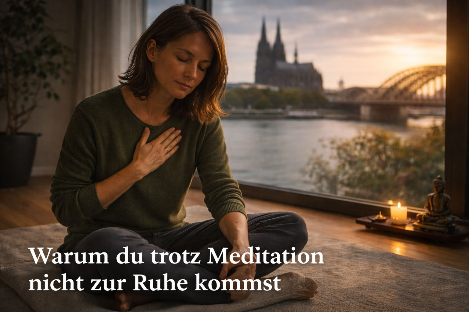 Frau meditiert nachdenklich und findet keine Ruhe – Achtsamkeit und Meditation im Alltag in Köln