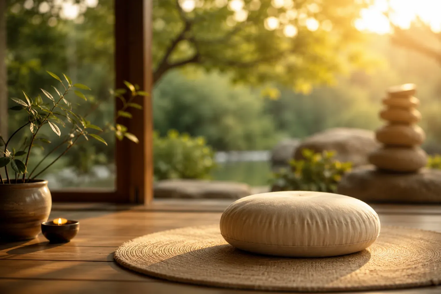 Ruhiger Meditationsraum mit Sitzkissen und warmem Licht für die NOW! Jahresgruppe im Achtsamkeits-Zentrum Köln