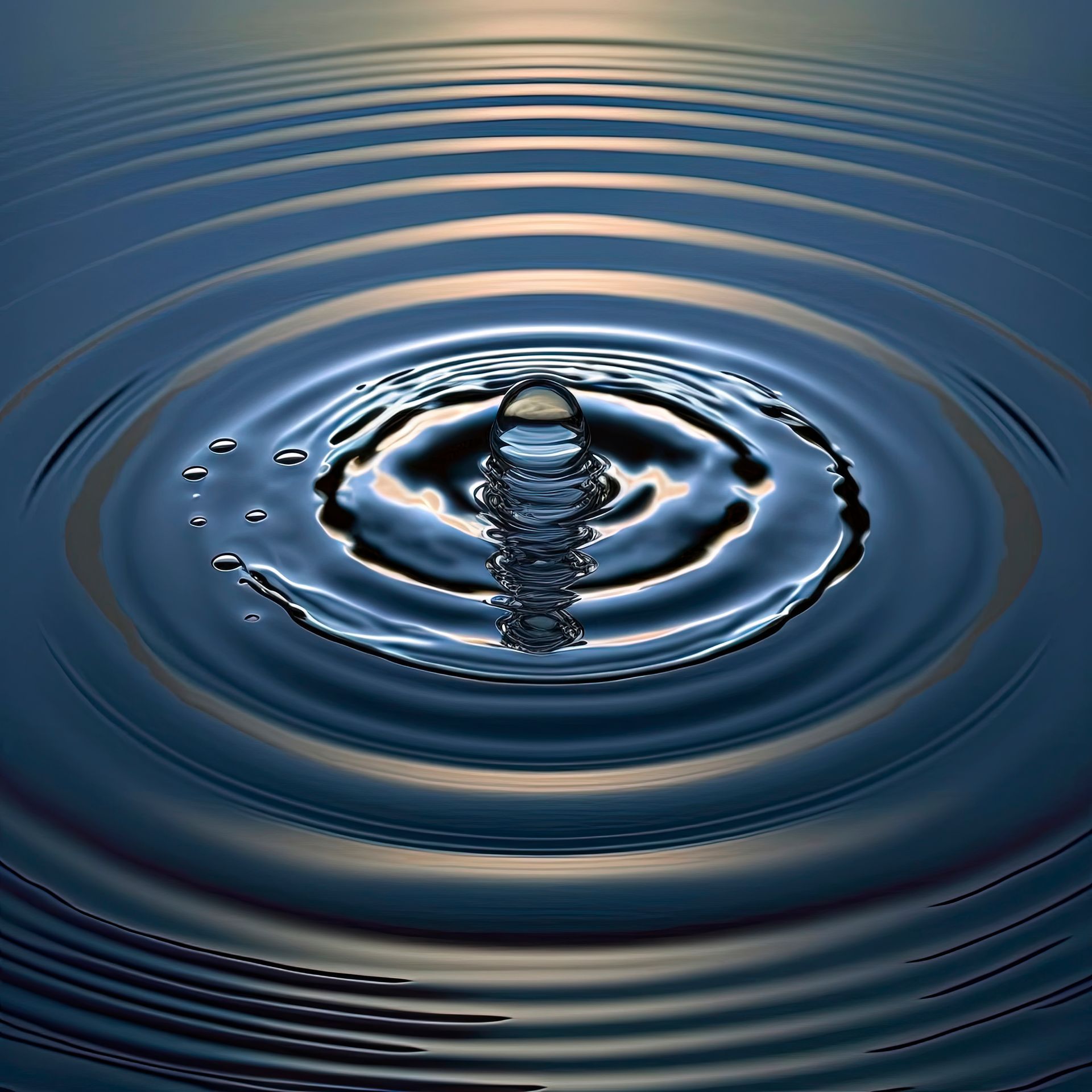 Wassertropfen auf ruhigem Wasser, konzentrische Kreise - sanfte Farben