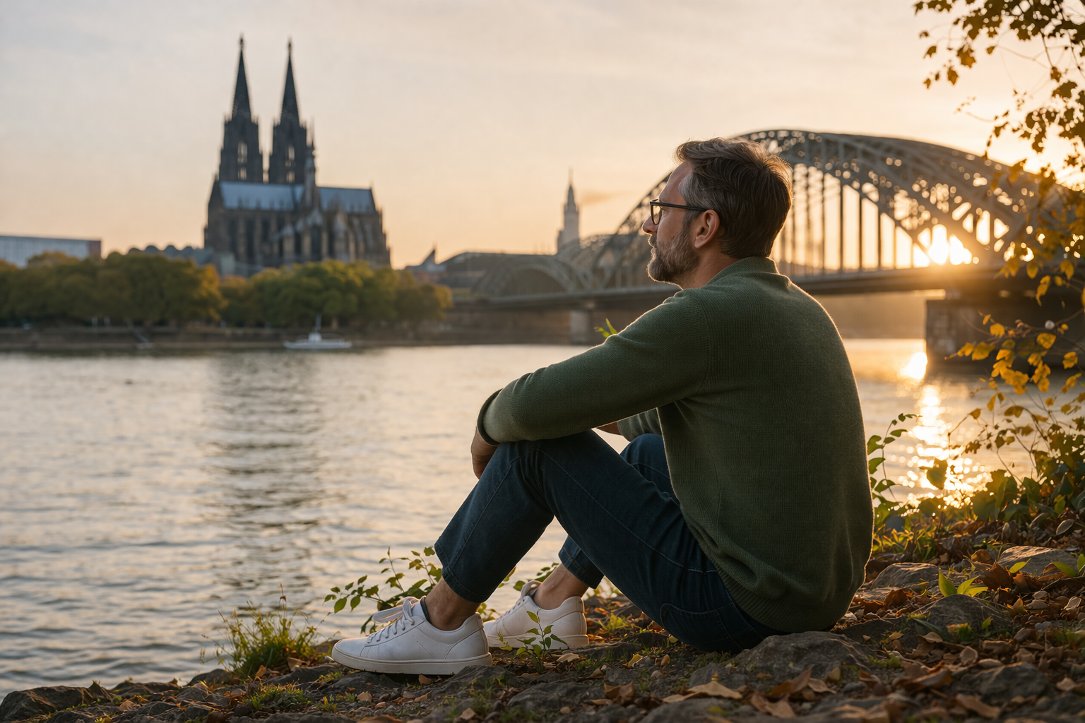 Entspannter Mann schaut auf den Rhein und den Kölner Dom