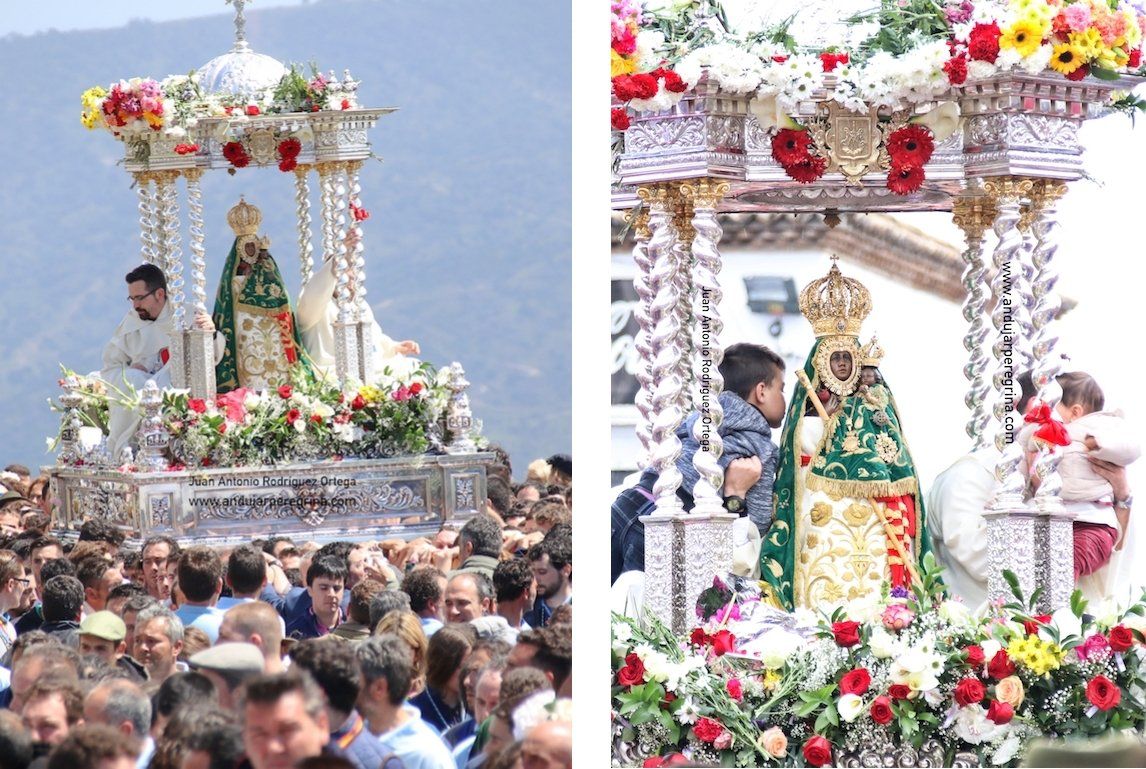 Los niños besan manto de la Virgen estampas de la procesión en romería virgen de la cabeza