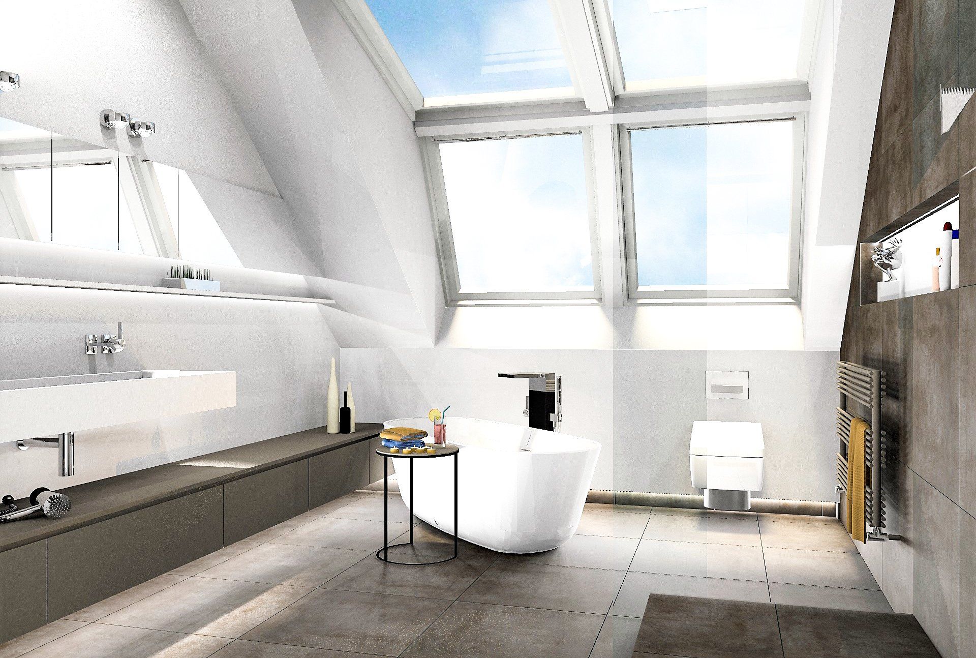 Links Maßwaschtisch, Unterschrank als Sitzmöbel. Bis in die Dachschräge Spiegelschrank . Wanne unter VELUX Panorama Fenster.