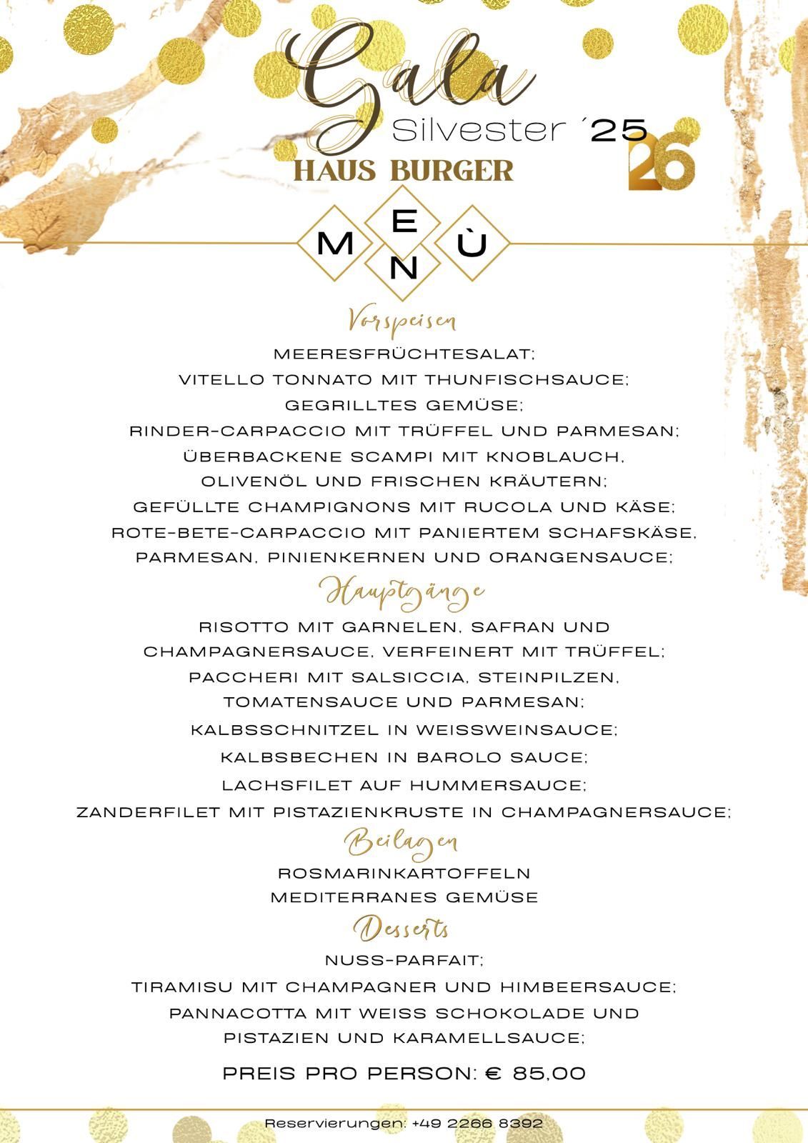 Silvester Party im Haus Burger, Lindlar, Menü, Speisekarte