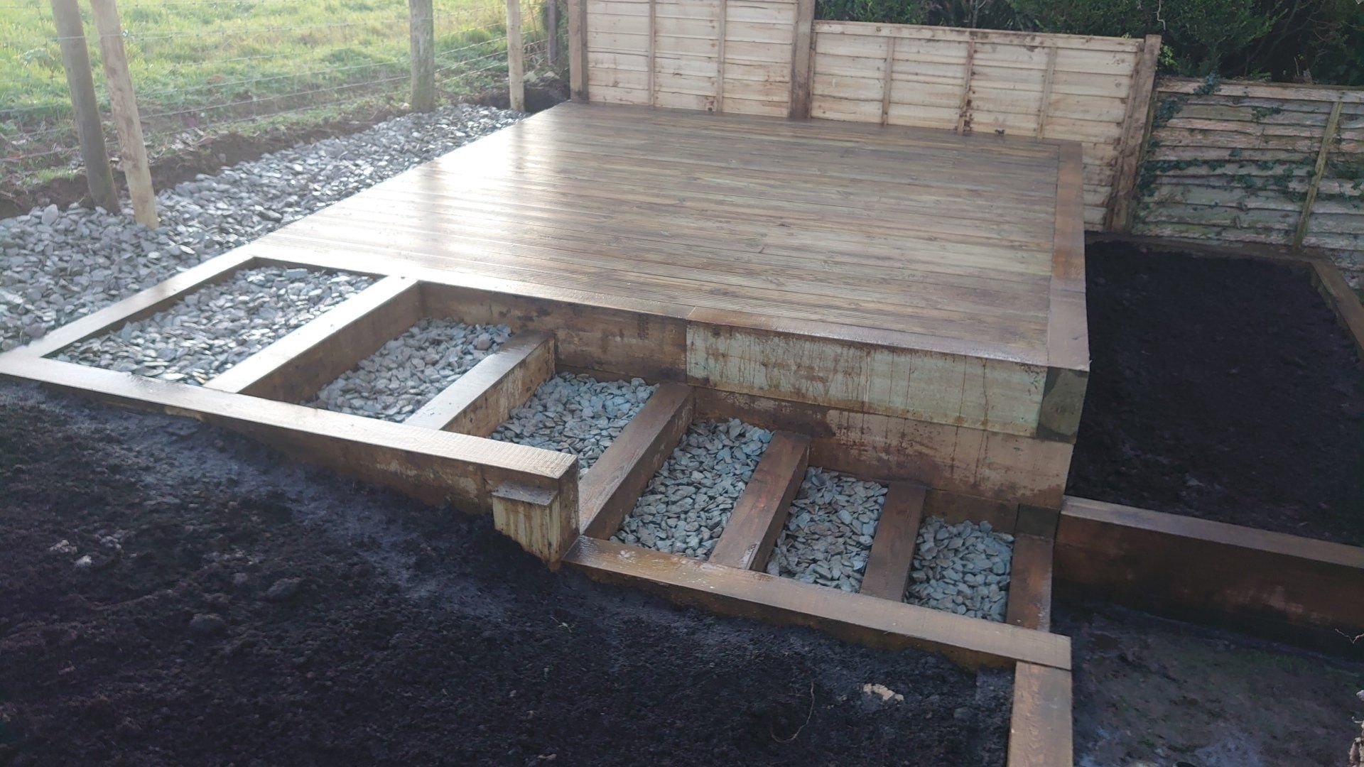 Decking with Sleeper Steps and Raised Beds