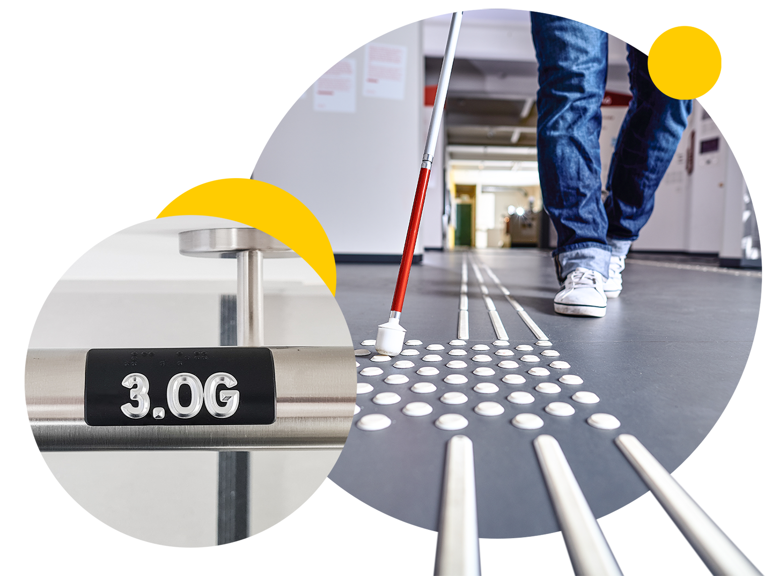 Grafik von verschiedenen taktilen Leitsystemen Eine Grafik die verschiedene barrierefreie Leit- und Orientierungssysteme (wie ein taktiles Bodenleitsystem und ein taktiles Handlaufschild) im praktischen Einsatz darstellt. Eine blinde Person erfühlt mit einem Blindenstock die Noppen und Leitlinien.