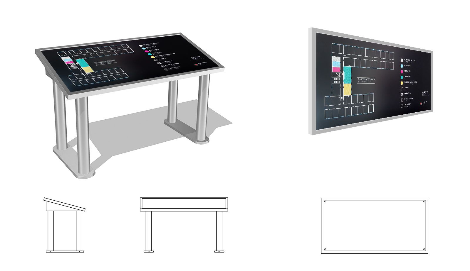 Ein taktiler Lageplan wird schematisch in verschiedenen Perspektiven Dargestellt. Seitlich, frontal und in der Vogelperspektive.