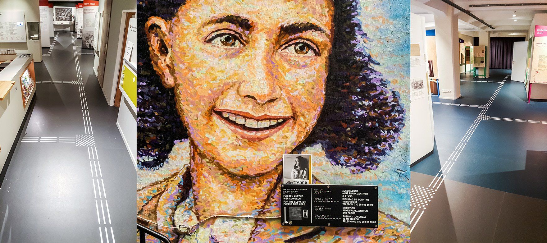 Ein Gemälde von Anne Frank mit taktilen Schildern